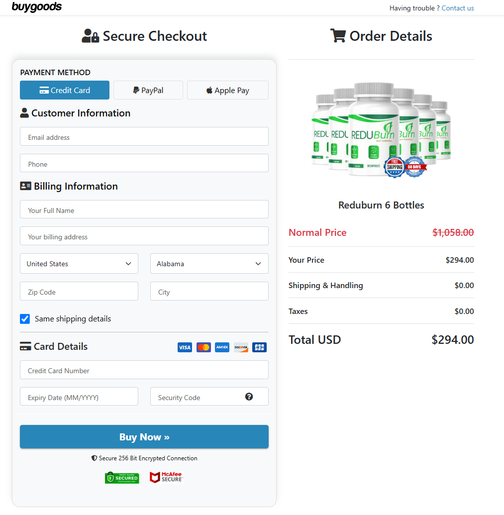 ReduBurn order page